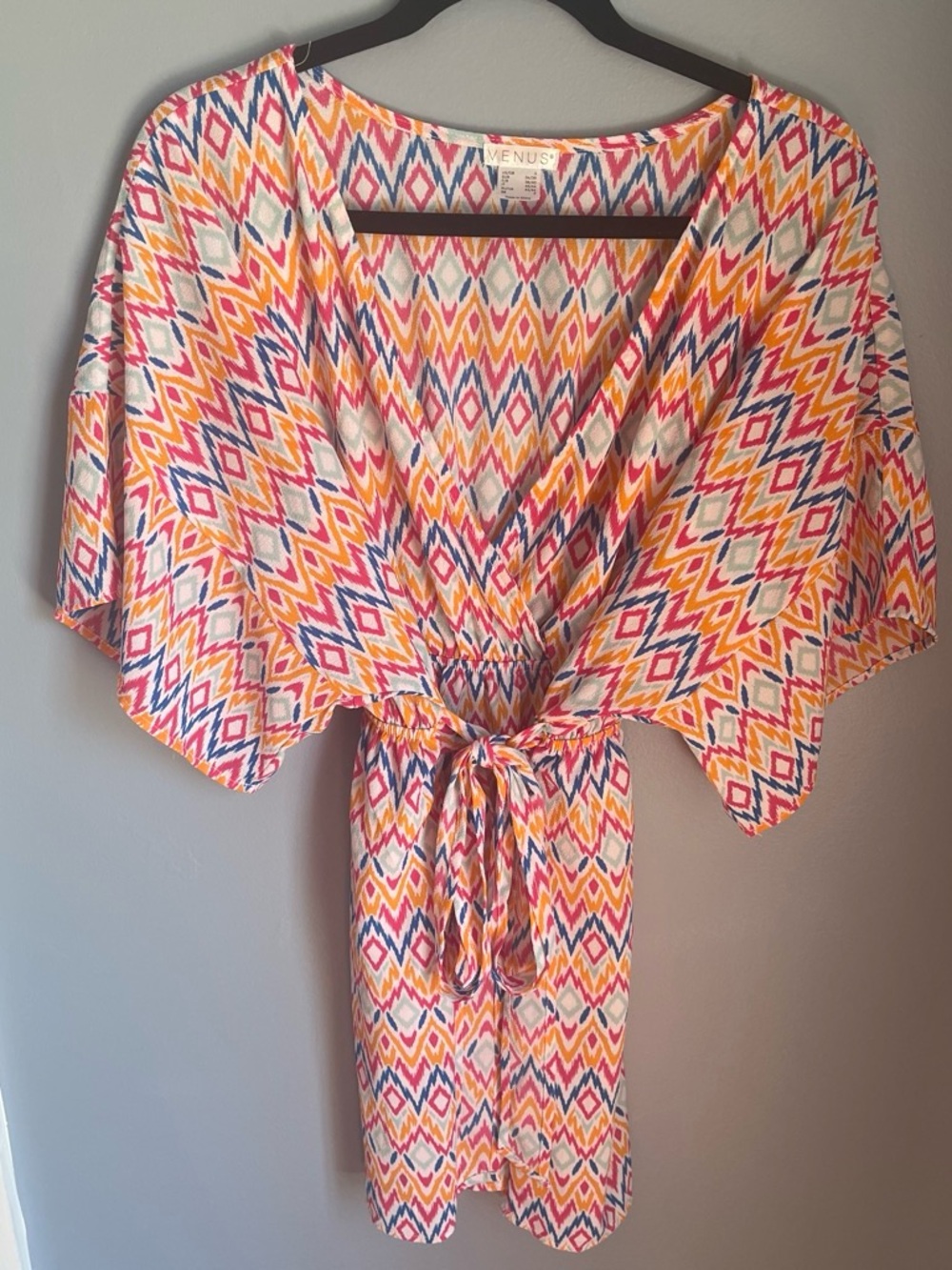 VENUS Pink Yellow and Blue Ikat Tie-Waist dress
